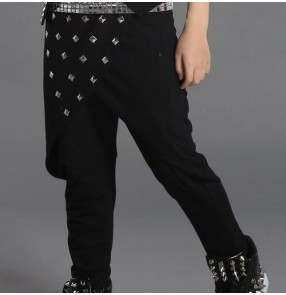 Black rivet harem cotton boys kids children baby fashion long length drummer stage performance jazz hip hop singer school play dance dancing pants trousers